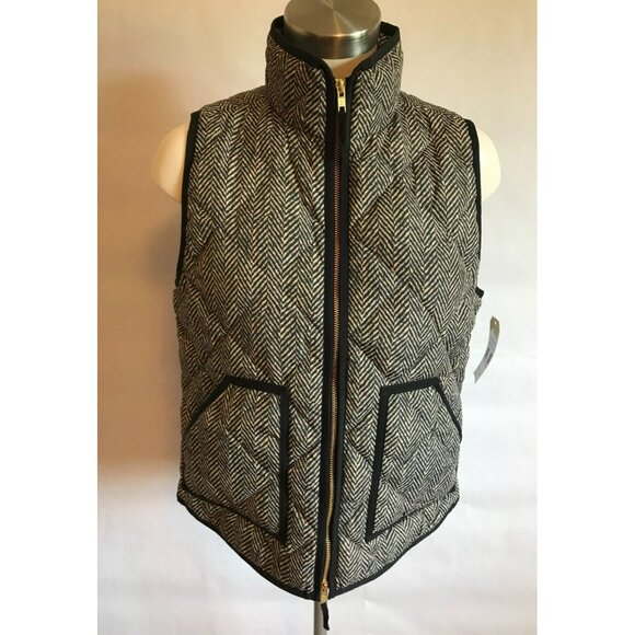 J. Crew Black and Tan Chevron Print Zip-Up Quilted Puffer Vest, Size Small - Picture 1 of 8